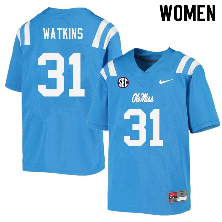 Austin Watkins Ole Miss Rebels NCAA Women's Powder Blue #31 Stitched Limited College Football Jersey JVV5158WP